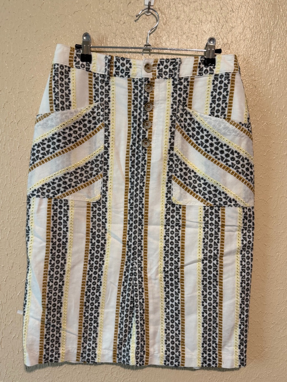 Anthropologie Skirt Button Embroidered Eyelet Linen Striped Midi Size 8